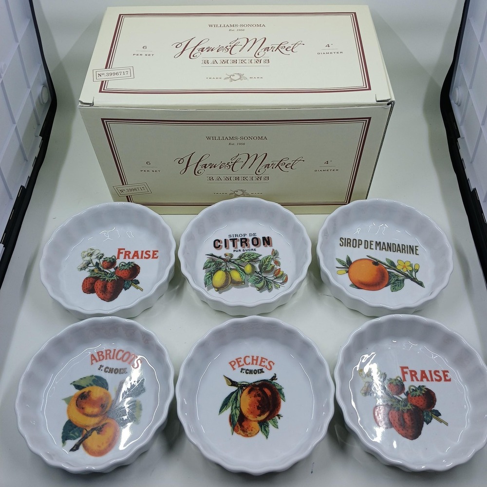 Williams-Sonoma Harvest‎ Market Ramekins Set Of 6 White Fruit 4 In Italy Ceramic